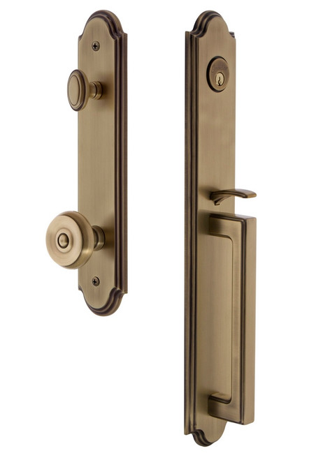 Grandeur Hardware - Arc One-Piece Handleset with D Grip and Bouton Knob in Vintage Brass - ARCDGRBOU - 843702