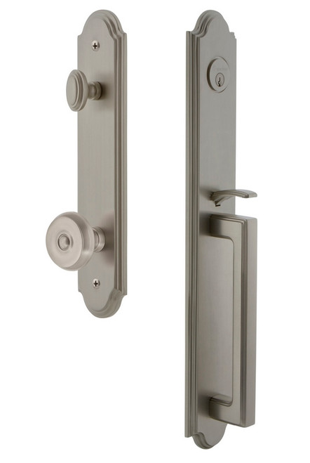 Grandeur Hardware - Arc One-Piece Handleset with D Grip and Bouton Knob in Satin Nickel - ARCDGRBOU - 843679