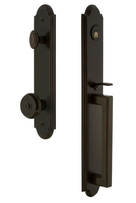 Grandeur Hardware - Arc One-Piece Handleset with D Grip and Bouton Knob in Timeless Bronze - ARCDGRBOU - 843693