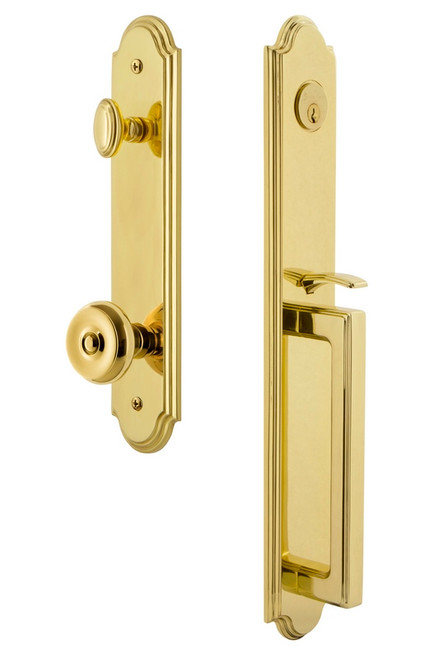 Grandeur Hardware - Arc One-Piece Dummy Handleset with D Grip and Bouton Knob in Lifetime Brass - ARCDGRBOU - 848452