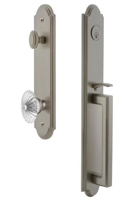 Grandeur Hardware - Arc One-Piece Dummy Handleset with D Grip and Burgundy Knob in Satin Nickel - ARCDGRBUR - 848482