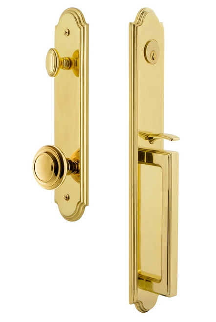 Grandeur Hardware - Arc One-Piece Handleset with D Grip and Circulaire Knob in Lifetime Brass - ARCDGRCIR - 843848