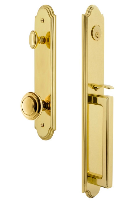 Grandeur Hardware - Arc One-Piece Dummy Handleset with D Grip and Circulaire Knob in Lifetime Brass - ARCDGRCIR - 848527