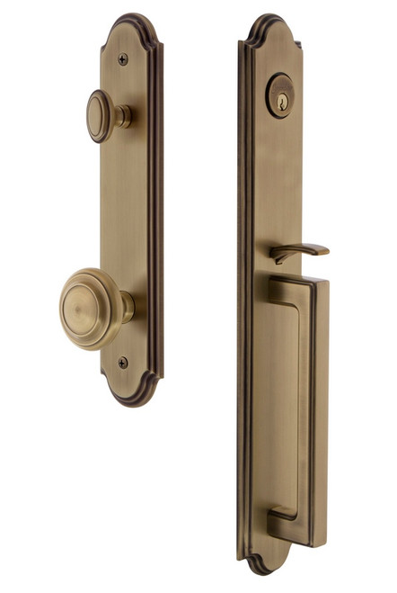 Grandeur Hardware - Arc One-Piece Dummy Handleset with D Grip and Circulaire Knob in Vintage Brass - ARCDGRCIR - 848542