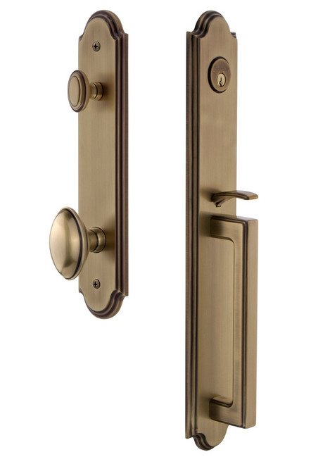 Grandeur Hardware - Arc One-Piece Handleset with D Grip and Eden Prairie Knob in Vintage Brass - ARCDGREDN - 843942