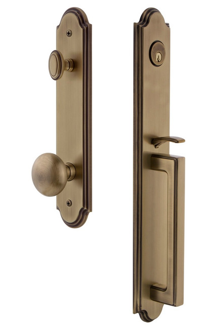 Grandeur Hardware - Arc One-Piece Handleset with D Grip and Fifth Avenue Knob in Vintage Brass - ARCDGRFAV - 844005