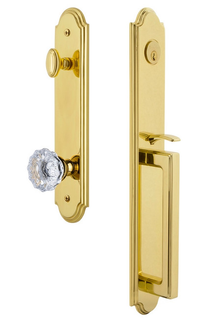 Grandeur Hardware - Arc One-Piece Dummy Handleset with D Grip and Fontainebleau Knob in Lifetime Brass - ARCDGRFON - 848602