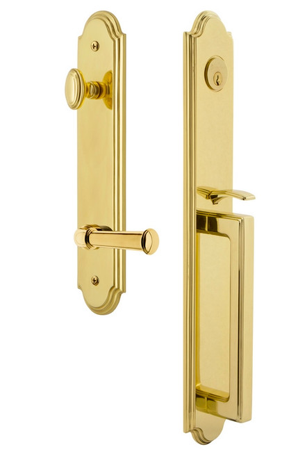 Grandeur Hardware - Arc One-Piece Handleset with D Grip and Georgetown Lever in Lifetime Brass - ARCDGRGEO - 846822