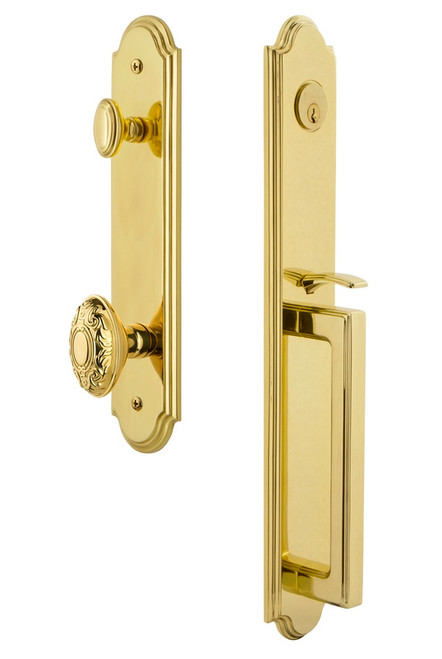 Grandeur Hardware - Arc One-Piece Handleset with D Grip and Grande Victorian Knob in Lifetime Brass - ARCDGRGVC - 844087