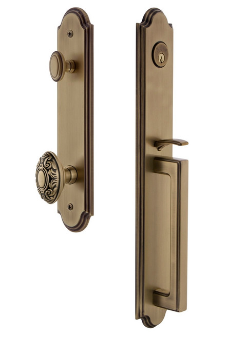 Grandeur Hardware - Arc One-Piece Handleset with D Grip and Grande Victorian Knob in Vintage Brass - ARCDGRGVC - 844125