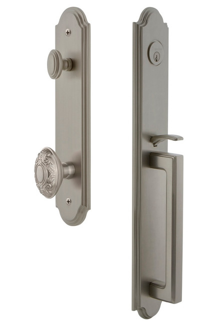 Grandeur Hardware - Arc One-Piece Dummy Handleset with D Grip and Grande Victorian Knob in Satin Nickel - ARCDGRGVC - 848632