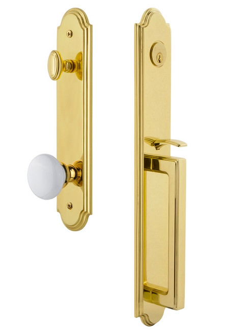 Grandeur Hardware - Arc One-Piece Handleset with D Grip and Hyde Park Knob in Lifetime Brass - ARCDGRHYD - 844149