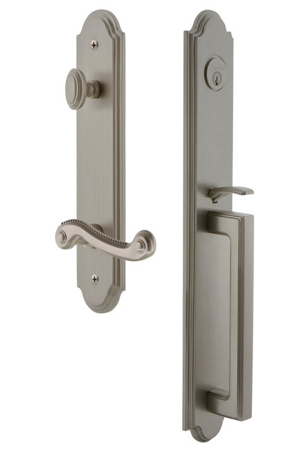 Grandeur Hardware - Arc One-Piece Handleset with D Grip and Newport Lever in Satin Nickel - ARCDGRNEW - 846967