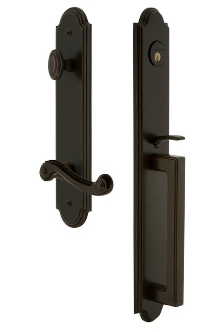 Grandeur Hardware - Arc One-Piece Handleset with D Grip and Newport Lever in Timeless Bronze - ARCDGRNEW - 846991