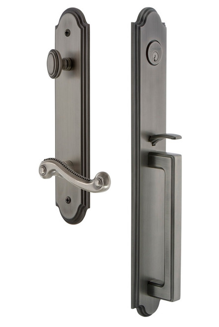 Grandeur Hardware - Arc One-Piece Handleset with D Grip and Newport Lever in Antique Pewter - ARCDGRNEW - 846920