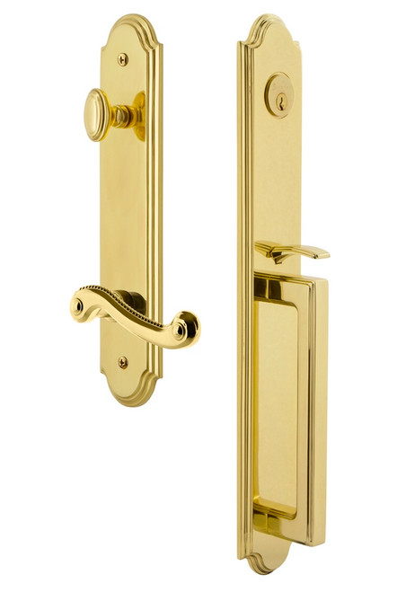 Grandeur Hardware - Arc One-Piece Dummy Handleset with D Grip and Newport Lever in Lifetime Brass - ARCDGRNEW - 849777