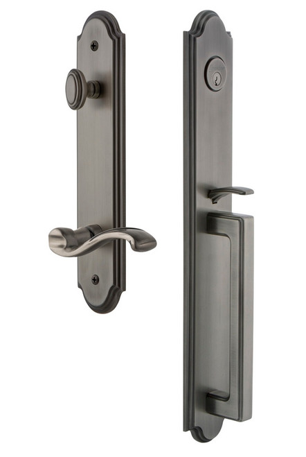 Grandeur Hardware - Arc One-Piece Handleset with D Grip and Portofino Lever in Antique Pewter - ARCDGRPRT - 847036