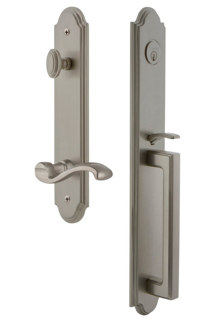 Grandeur Hardware - Arc One-Piece Handleset with D Grip and Portofino Lever in Satin Nickel - ARCDGRPRT - 847087