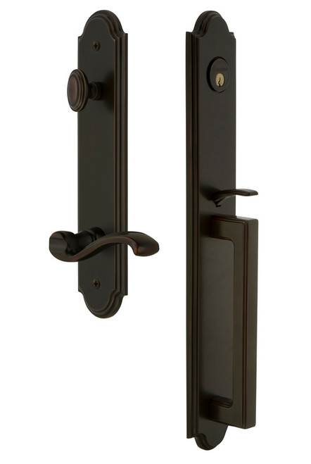 Grandeur Hardware - Arc One-Piece Handleset with D Grip and Portofino Lever in Timeless Bronze - ARCDGRPRT - 847108