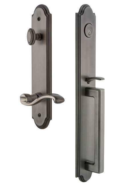 Grandeur Hardware - Arc One-Piece Handleset with D Grip and Portofino Lever in Antique Pewter - ARCDGRPRT - 847040