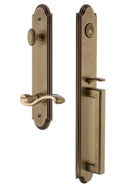 Grandeur Hardware - Arc One-Piece Handleset with D Grip and Portofino Lever in Vintage Brass - ARCDGRPRT - 847133