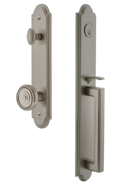 Grandeur Hardware - Arc One-Piece Handleset with D Grip and Soleil Knob in Satin Nickel - ARCDGRSOL - 844338