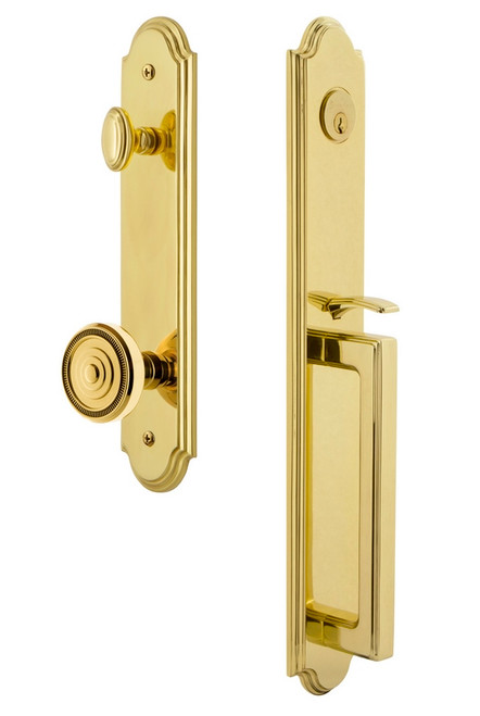 Grandeur Hardware - Arc One-Piece Handleset with D Grip and Soleil Knob in Lifetime Brass - ARCDGRSOL - 844329