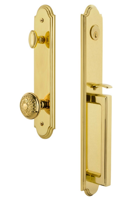 Grandeur Hardware - Arc One-Piece Handleset with D Grip and Windsor Knob in Lifetime Brass - ARCDGRWIN - 844446