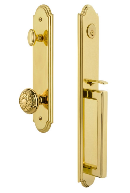 Grandeur Hardware - Arc One-Piece Handleset with D Grip and Windsor Knob in Lifetime Brass - ARCDGRWIN - 844448