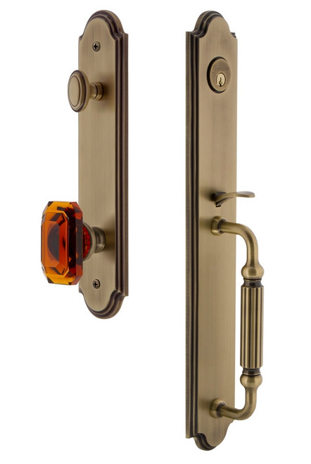 Grandeur Hardware - Arc One-Piece Handleset with F Grip and Baguette Amber Knob in Vintage Brass - ARCFGRBCA - 843466