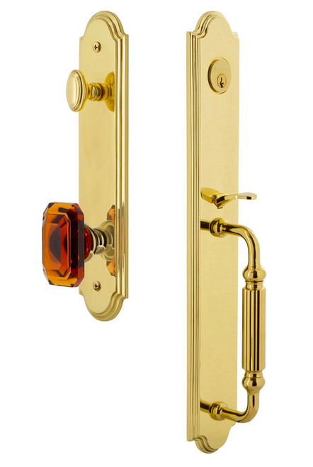 Grandeur Hardware - Arc One-Piece Handleset with F Grip and Baguette Amber Knob in Lifetime Brass - ARCFGRBCA - 843425