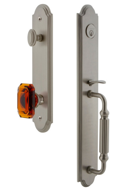 Grandeur Hardware - Arc One-Piece Handleset with F Grip and Baguette Amber Knob in Satin Nickel - ARCFGRBCA - 843439