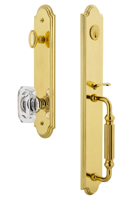 Grandeur Hardware - Arc One-Piece Handleset with F Grip and Baguette Clear Crystal Knob in Lifetime Brass - ARCFGRBCC - 843490