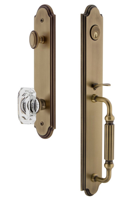 Grandeur Hardware - Arc One-Piece Handleset with F Grip and Baguette Clear Crystal Knob in Vintage Brass - ARCFGRBCC - 843526