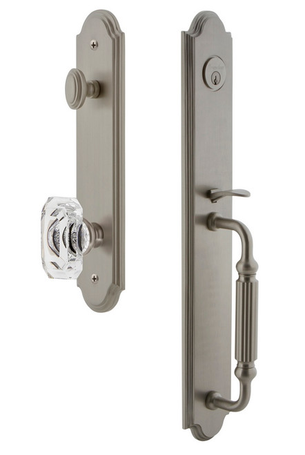 Grandeur Hardware - Arc One-Piece Handleset with F Grip and Baguette Clear Crystal Knob in Satin Nickel - ARCFGRBCC - 843503
