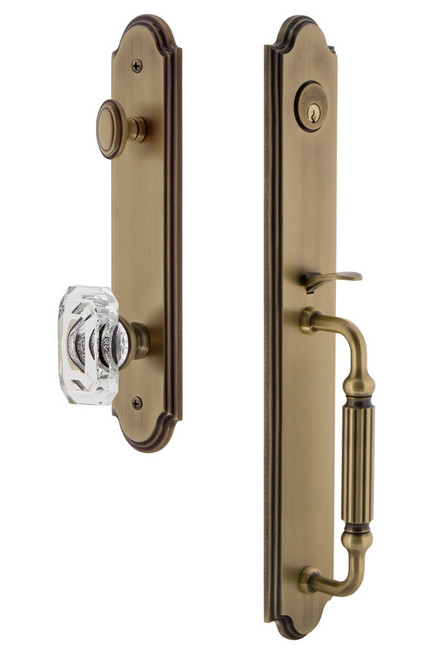 Grandeur Hardware - Arc One-Piece Handleset with F Grip and Baguette Clear Crystal Knob in Vintage Brass - ARCFGRBCC - 843527