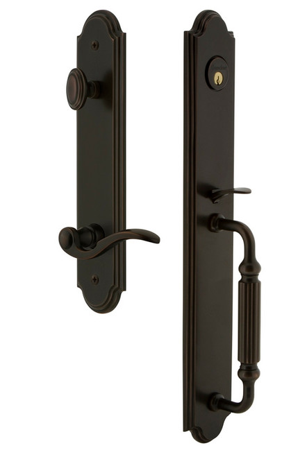 Grandeur Hardware - Arc One-Piece Handleset with F Grip and Bellagio Lever in Timeless Bronze - ARCFGRBEL - 846735