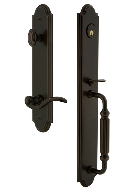 Grandeur Hardware - Arc One-Piece Handleset with F Grip and Bellagio Lever in Timeless Bronze - ARCFGRBEL - 846736