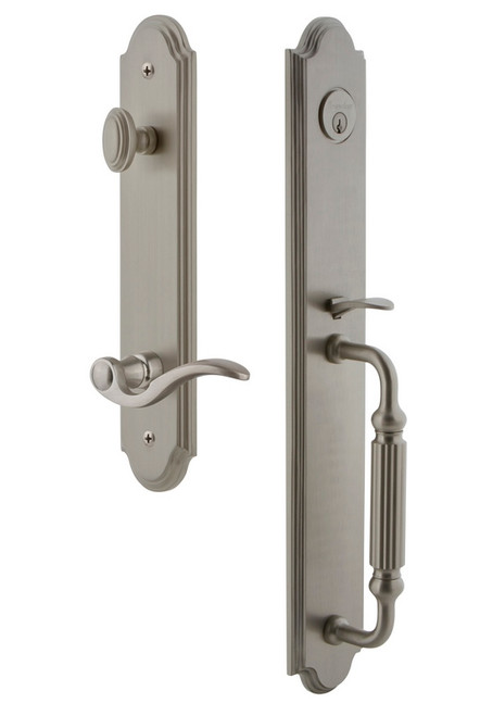 Grandeur Hardware - Arc One-Piece Handleset with F Grip and Bellagio Lever in Satin Nickel - ARCFGRBEL - 846709