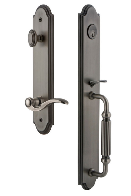 Grandeur Hardware - Arc One-Piece Handleset with F Grip and Bellagio Lever in Antique Pewter - ARCFGRBEL - 846667