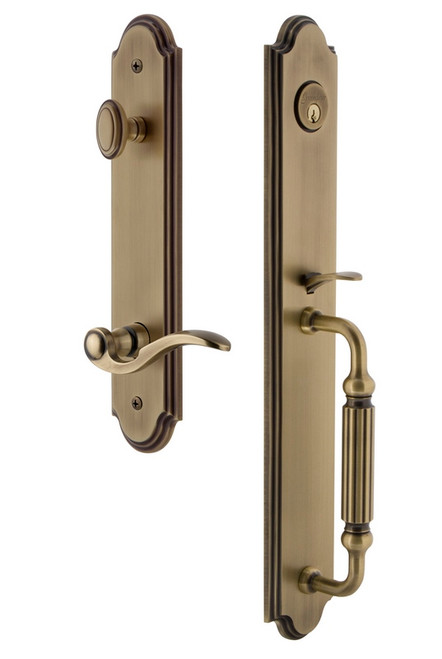 Grandeur Hardware - Arc One-Piece Handleset with F Grip and Bellagio Lever in Vintage Brass - ARCFGRBEL - 846763