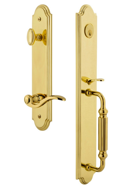 Grandeur Hardware - Arc One-Piece Dummy Handleset with F Grip and Bellagio Lever in Lifetime Brass - ARCFGRBEL - 849698