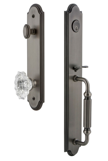 Grandeur Hardware - Arc One-Piece Handleset with F Grip and Biarritz Knob in Antique Pewter - ARCFGRBIA - 843539