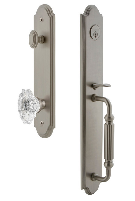 Grandeur Hardware - Arc One-Piece Handleset with F Grip and Biarritz Knob in Satin Nickel - ARCFGRBIA - 843562