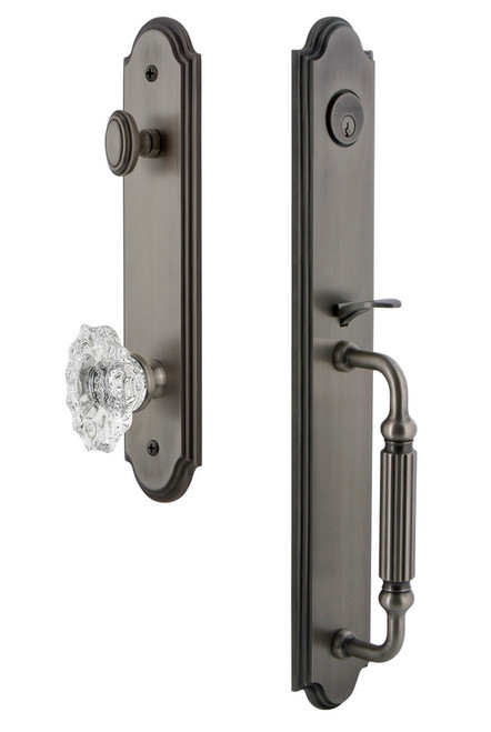 Grandeur Hardware - Arc One-Piece Handleset with F Grip and Biarritz Knob in Antique Pewter - ARCFGRBIA - 843541