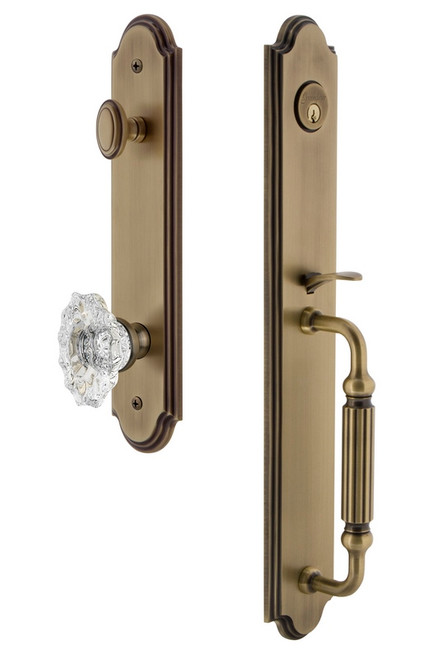 Grandeur Hardware - Arc One-Piece Handleset with F Grip and Biarritz Knob in Vintage Brass - ARCFGRBIA - 843589