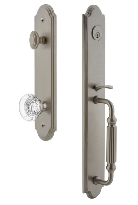 Grandeur Hardware - Arc One-Piece Handleset with F Grip and Bordeaux Knob in Satin Nickel - ARCFGRBOR - 843623