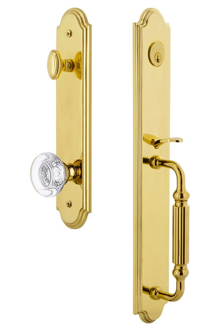 Grandeur Hardware - Arc One-Piece Handleset with F Grip and Bordeaux Knob in Lifetime Brass - ARCFGRBOR - 843612