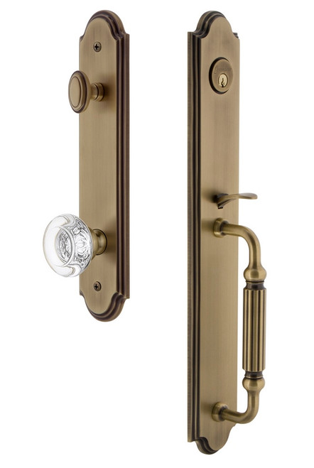 Grandeur Hardware - Arc One-Piece Handleset with F Grip and Bordeaux Knob in Vintage Brass - ARCFGRBOR - 843649