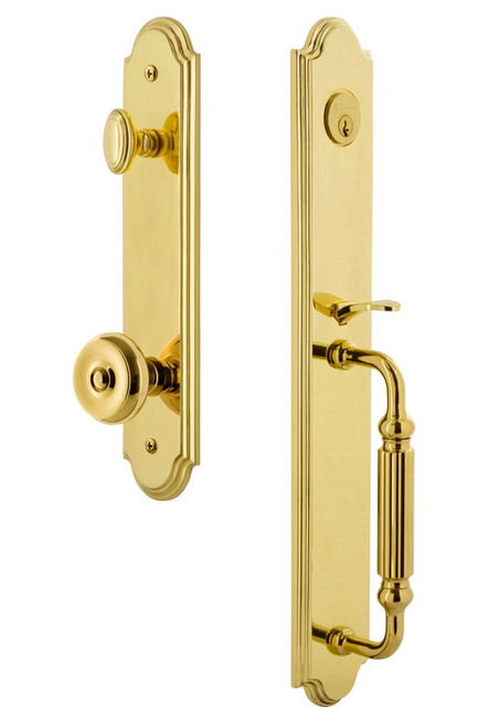 Grandeur Hardware - Arc One-Piece Handleset with F Grip and Bouton Knob in Lifetime Brass - ARCFGRBOU - 843670
